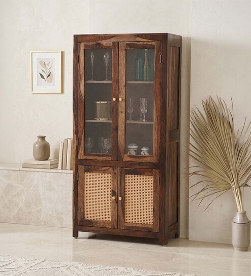 Coral Cane Wooden Crockery Unit In Brown Finish