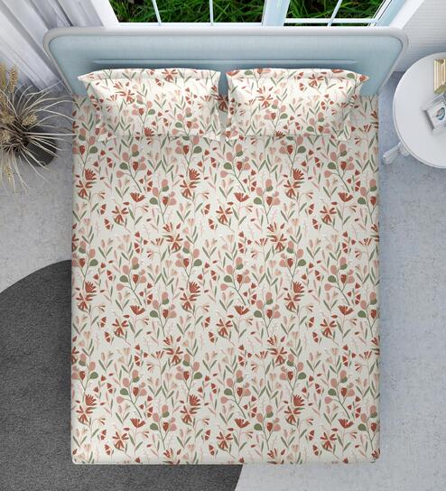 Coral Floral 144 TC Cotton King Sized Double Bedsheet with 2 Pillow Covers Botanical Dreams Collection