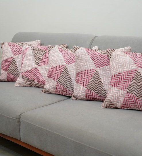 Coral Polyester Geometric 16x16 inches Cushion Covers Set of 5