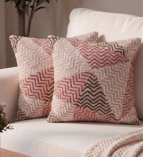 Coral Polyester Geometric 18x18 inches Cushion Covers Set of 2