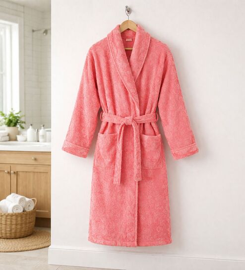 Coral Solid Cotton Men Bath Robe With Belt (M)