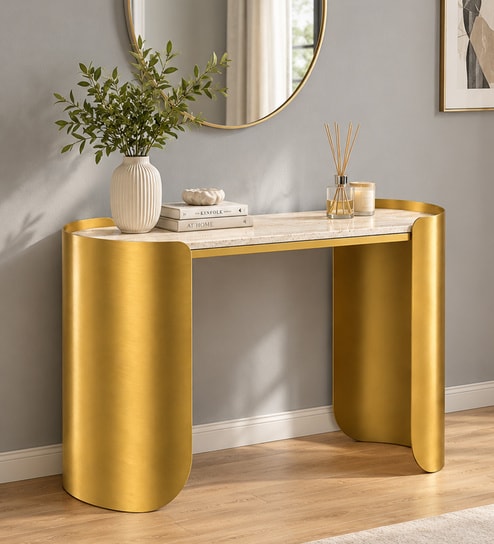 Cordelia Console Table in Electroplatting Finish with Travertine Proreciline Top