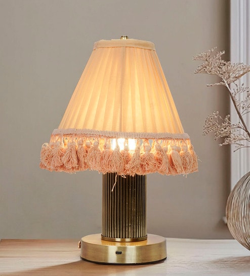 Cordless Dimmable Touch Table Lamp with Pleated Camel Fabric Shade | Antique Brass Finish