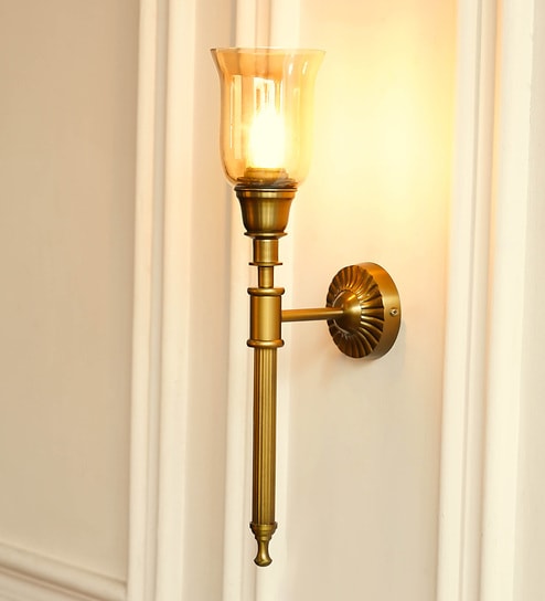 Corrugated Wall Lamp Brass Antique Finish with Chimney Glass Golden Luster Shade