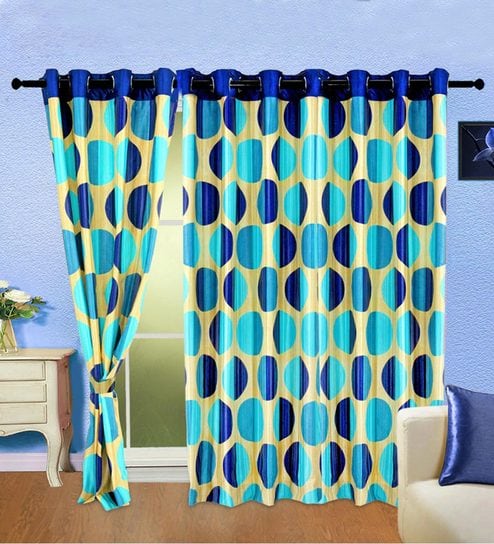 cortina Blue Geometric Polyester 5 Ft Semisheer Eyelet Door Curtains (Set of 2)-picture-24