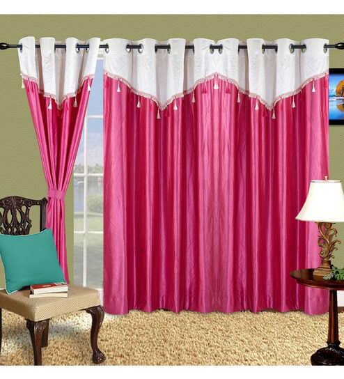 Buy Pink Semisheer Polyester 9 Feet Eyelet Long Door Curtains Set
