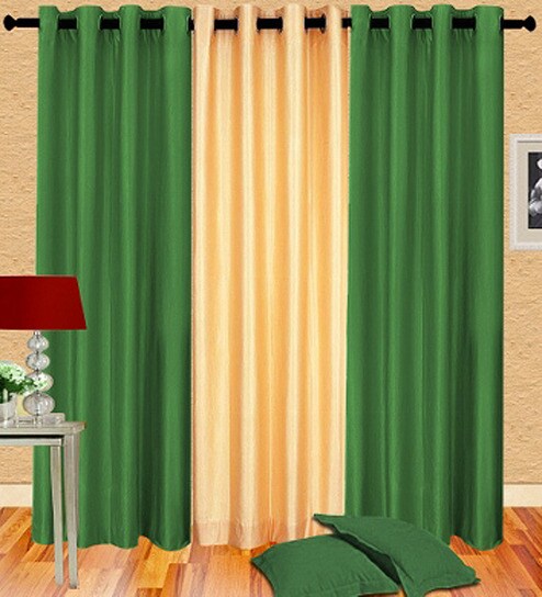 Buy Green Semisheer Polyester 7 Feet Eyelet Door Curtains Set Of 3