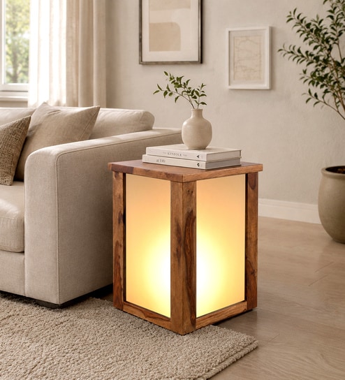 Cortina Sheesham Wood Backlit Side Table in Provincial Teak Finish