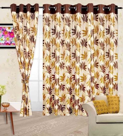 Brown Floral Polyester 7 Ft Semisheer Eyelet Door Curtains (Set of 2)