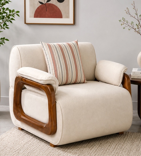 Corvin Fabric 1 Seater sofa with Wooden Armrests in Beige Colour