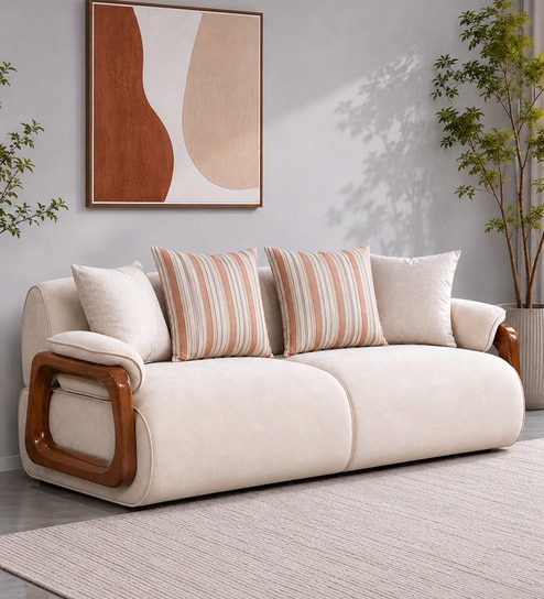 Corvin Fabric 2 Seater sofa with Wooden Armrests in Beige Colour