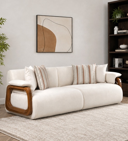 Corvin Fabric 3 Seater sofa with Wooden Armrests in Beige Colour