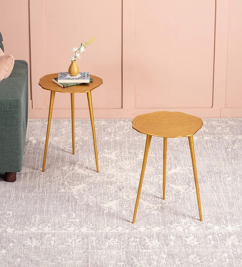 Cosmo Aluminium Floral End Table in Gold Finish Set of 2
