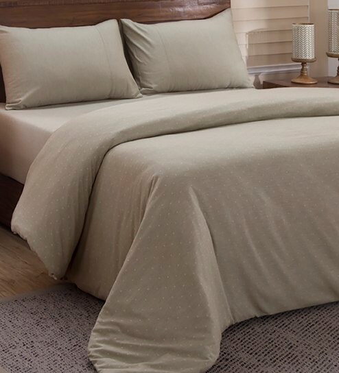 Beige Solid Cotton Double Bed Duvet Cover With 2 Pillow Covers by Maspar