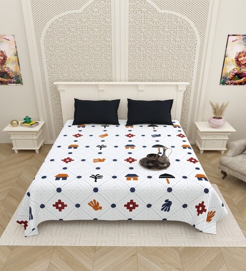 White Traditional print 144 TC Cotton King Size  Bedsheet With 2 Pillow Cover