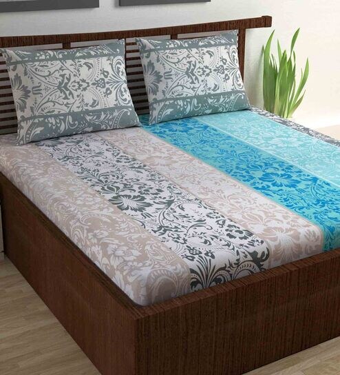 Sky Blue Floral 140 TC Cotton Blend Queen Sized Bed Sheets with 2 Pillow Covers