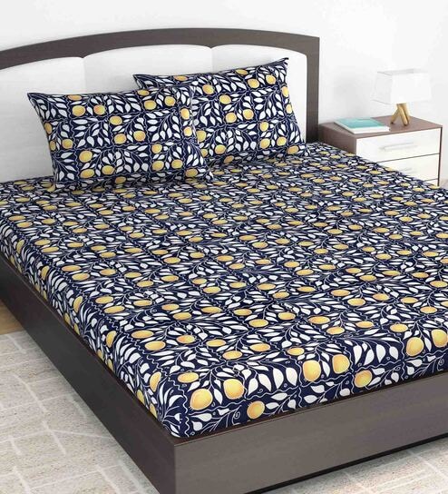Navy Blue Floral 140 TC Cotton Queen Sized Bed Sheets with 2 Pillow Covers