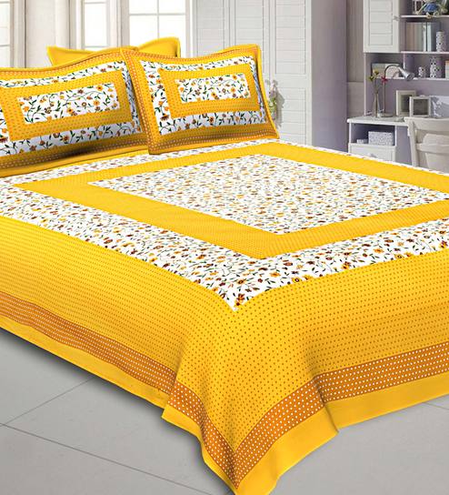 Yellow Traditional 200 TC Cotton King Size Bedsheet With 2 Pillow Covers