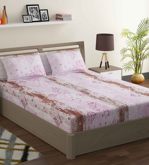 Pink Abstract 144 TC Cotton 1 Double Bedsheet with 2 Pillow Covers