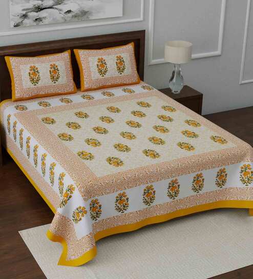 Orange Traditional 144 TC Cotton Blend Queen Sized Bed Sheets with 2 Pillow Covers