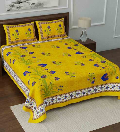 Yellow Floral 144 TC Cotton Blend Queen Sized Bed Sheets with 2 Pillow Covers