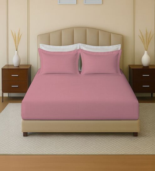Pink 144 TC Cotton King Sized Double Bedsheet With 2 Pillow Covers