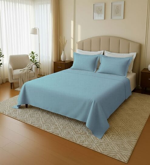 Blue 144 TC Cotton King Sized Double Bedsheet With 2 Pillow Covers