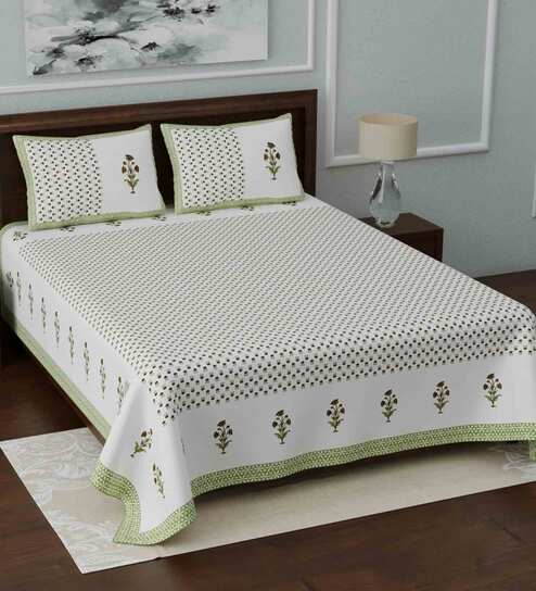 White Traditional 210 TC Cotton Blend Queen Sized Bed Sheets with 2 Pillow Covers by Living Roots