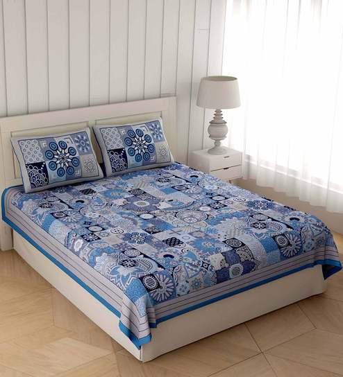 Blue Traditional 300 TC Cotton 1 Double Bedsheet with 2 Pillow Covers by Jaipur Fabric
