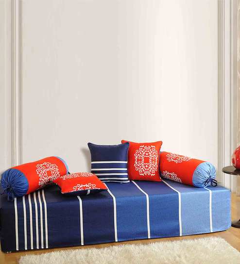 Blue Patterned 250 TC Cotton Blend (Set of 6) Diwan Sets by Swayam