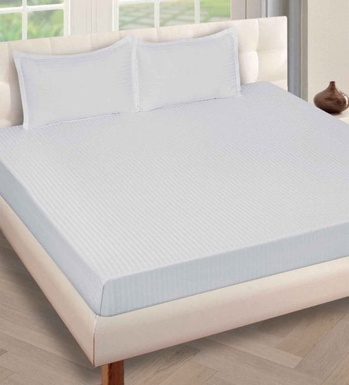 Grey Striped 250 TC Cotton Double King Sized Bedsheet With 2 Pillow Covers