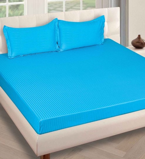 Blue Striped 250 TC Cotton Double King Sized Bedsheet With 2 Pillow Covers
