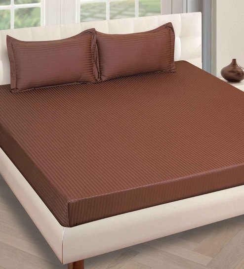 Brown Striped 250 TC Cotton Double King Sized Bedsheet With 2 Pillow Covers