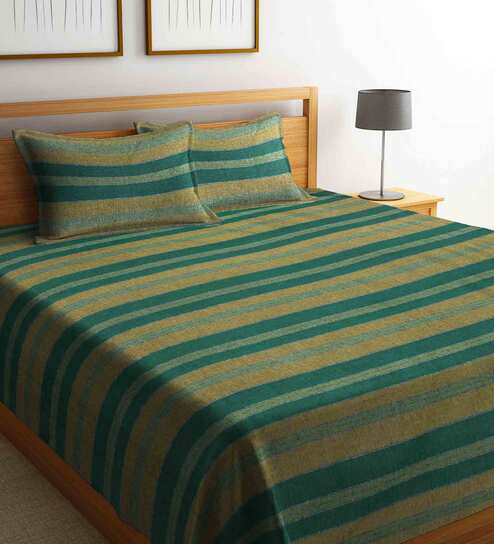 Green Geometric 300 TC Cotton Double Bed Cover with 2 Pillow Covers by Arrabi