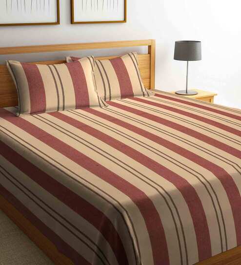 Beige Geometric 300 TC Cotton Double Bed Cover with 2 Pillow Covers by Arrabi