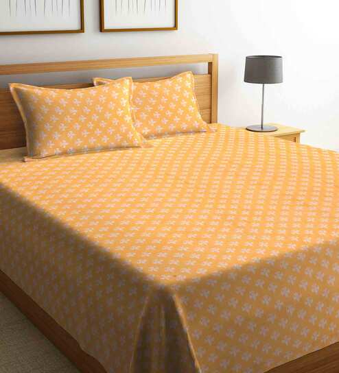 Beige Geometric 300 TC Cotton Double Bed Cover with 2 Pillow Covers by Arrabi
