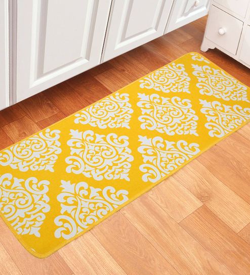 Buy Yellow Damasc Pattern Machine Made Cotton Bed Side Runner 4 X