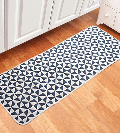 Buy Grey Geometric Pattern Machine Made Cotton Bed Side Runner 4 X