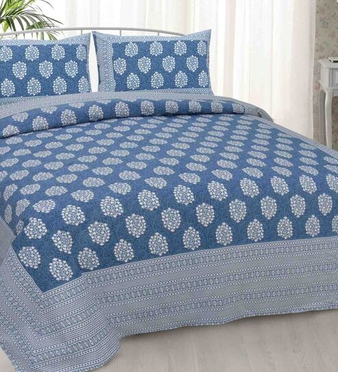Blue Traditional 240 TC Cotton 1 Double Bedsheet with 2 Pillow Covers by Jaipur Fabric