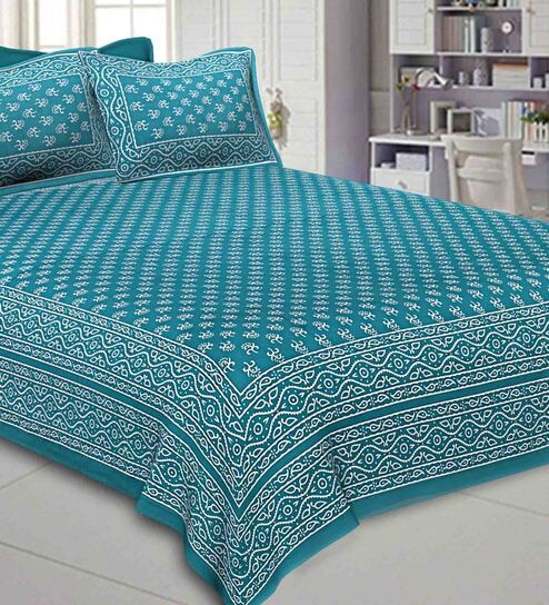 Sky Blue Traditional 240 TC Cotton 1 Double Bedsheet with 2 Pillow Covers by Jaipur Fabric