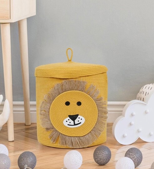 Yellow Lion Print Cotton 12x12 Inch Storage Basket