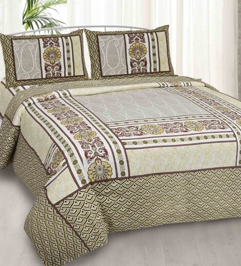 Yellow Traditional 240 TC Cotton 1 Double Queen Size Bedsheet with 2 Pillow Cover