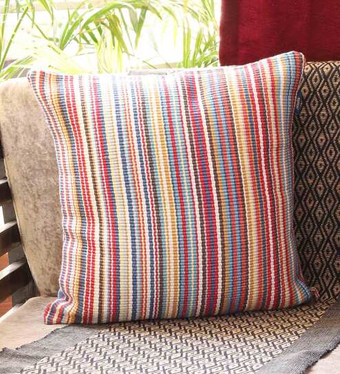 Multicolor Striped Cotton 16 x 16 Inch Cushion Cover by Ambbi Collections