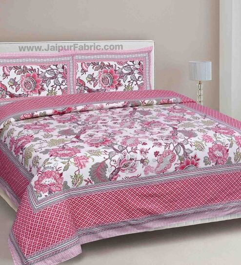 Pink Floral 240 TC Cotton 1 Double Bedsheet with 2 Pillow Covers