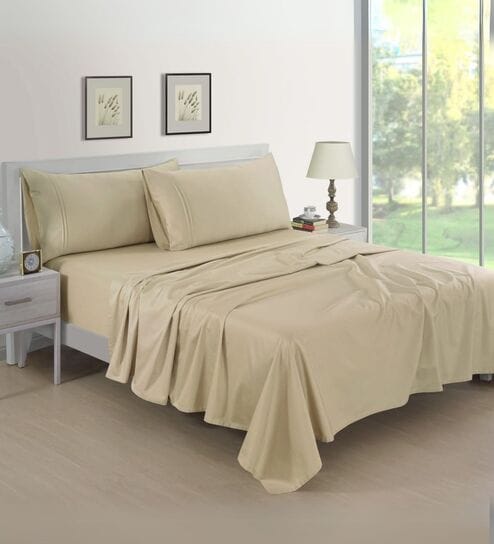 Cotton Satin Fitted Bedsheet, 60 x 78 inches, 400 Thread Count, Beige, Set of 1 Bedsheet with 2 Pillow Covers
