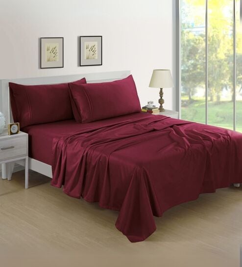 Cotton Satin Fitted Bedsheet, 60 x 78 inches, 400 Thread Count, Burgundy, Set of 1 Bedsheet with 2 Pillow Covers