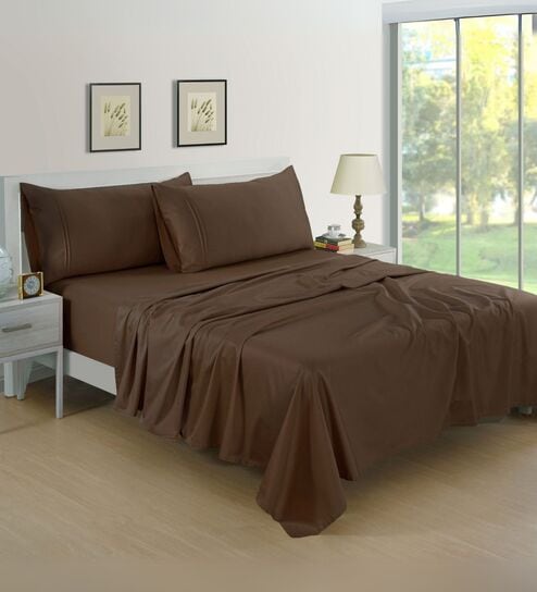 Brown 400 TC Cotton Satin Fitted Bedsheet with 2 Pillow Covers