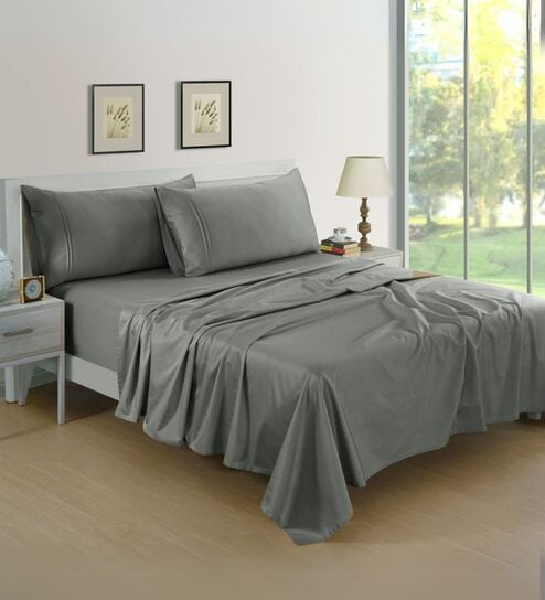 Cotton Satin Fitted Bedsheet, 60 x 78 inches, 400 Thread Count, Steel Grey, Set of 1 Bedsheet with 2 Pillow Covers