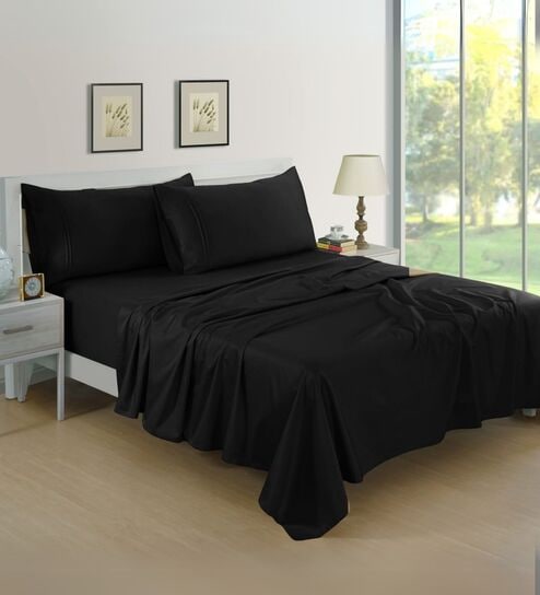 Cotton Satin Fitted Bedsheet, 72 x 78 inches, 400 Thread Count, Black, Set of 1 Bedsheet with 2 Pillow Covers