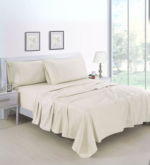 Cotton Satin Fitted Bedsheet, 72 x 78 inches, 400 Thread Count, Cream, Set of 1 Bedsheet with 2 Pillow Covers